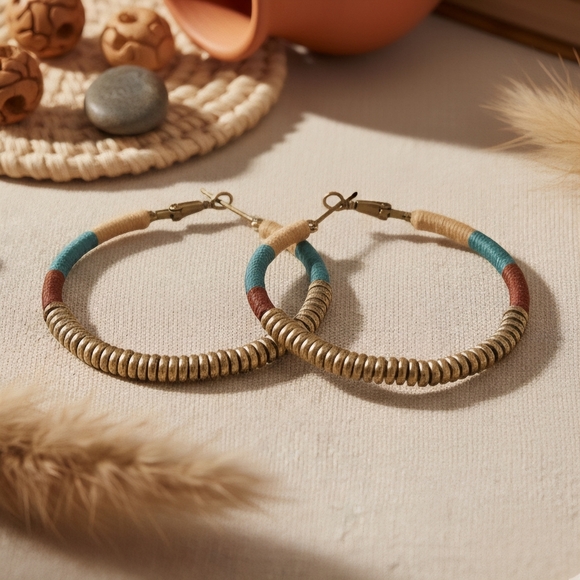 🆕 Handmade Colorblock Golden Beaded Hoops Indian Artisan Boho Chic Trendy Style - Picture 8 of 13